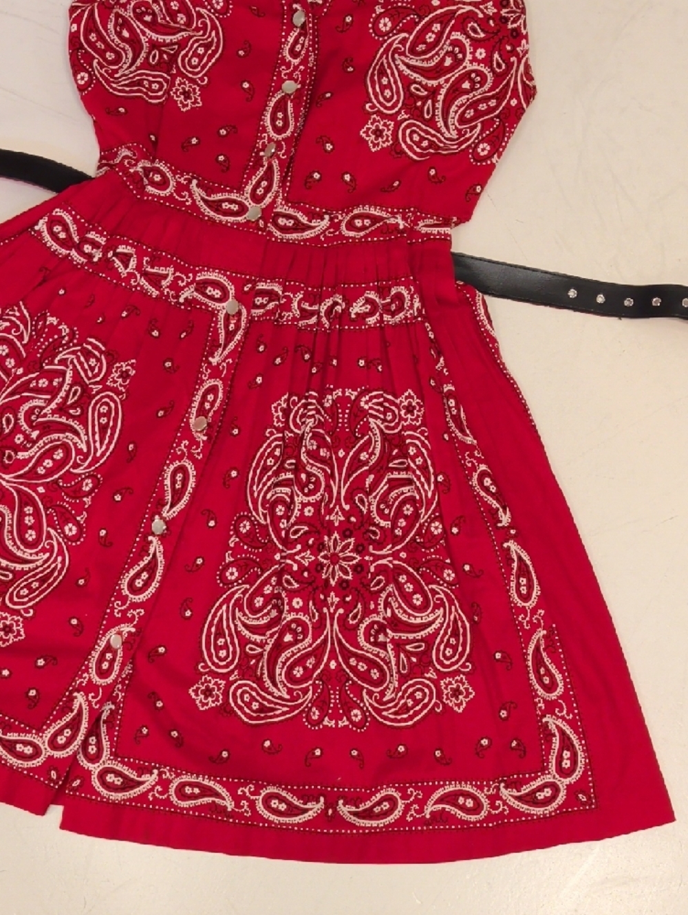 Vintage Red Bandana Halter Dress Fit-and-Flare Low V Belted Sexy Country Western - Picture 13 of 15